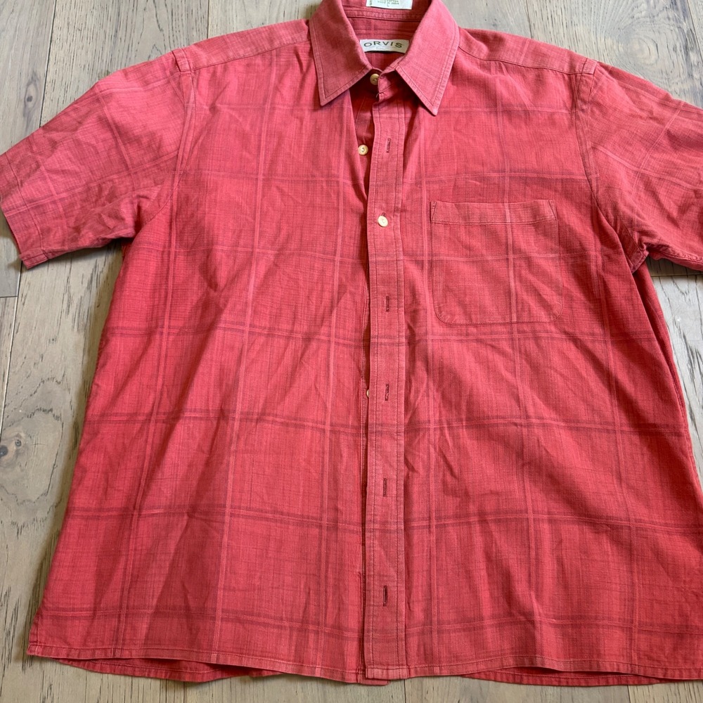 Orvis Mens Red Windowpane Plaid Short Sleeve Cotton Button Down Shirt Large